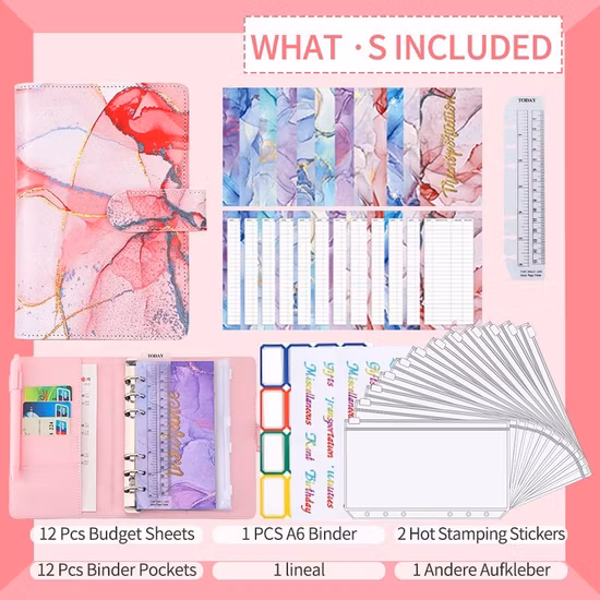 Notebook planner A5 inserti organizer stampabile budget in pelle PU raccoglitore a fogli mobili con buste per contanti